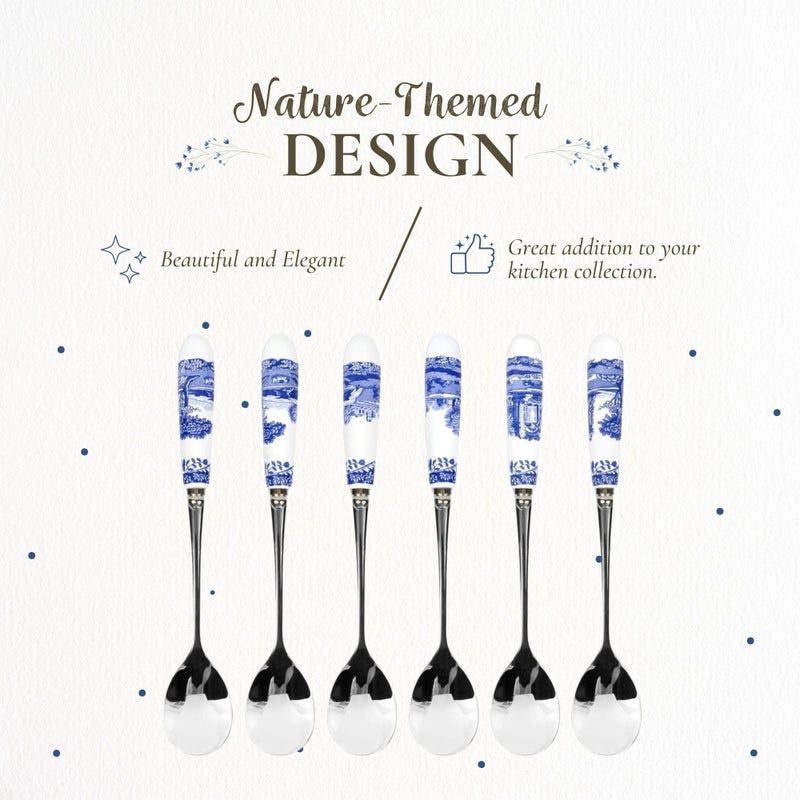 Spode Blue Italian Tea and Dessert Spoons - Set of 6 Porcelain Handle Stainless Steel Utensils - 6 Inch Flatware for Afternoon Tea, Cake, Entertaining Essentials for the Table - Image 3